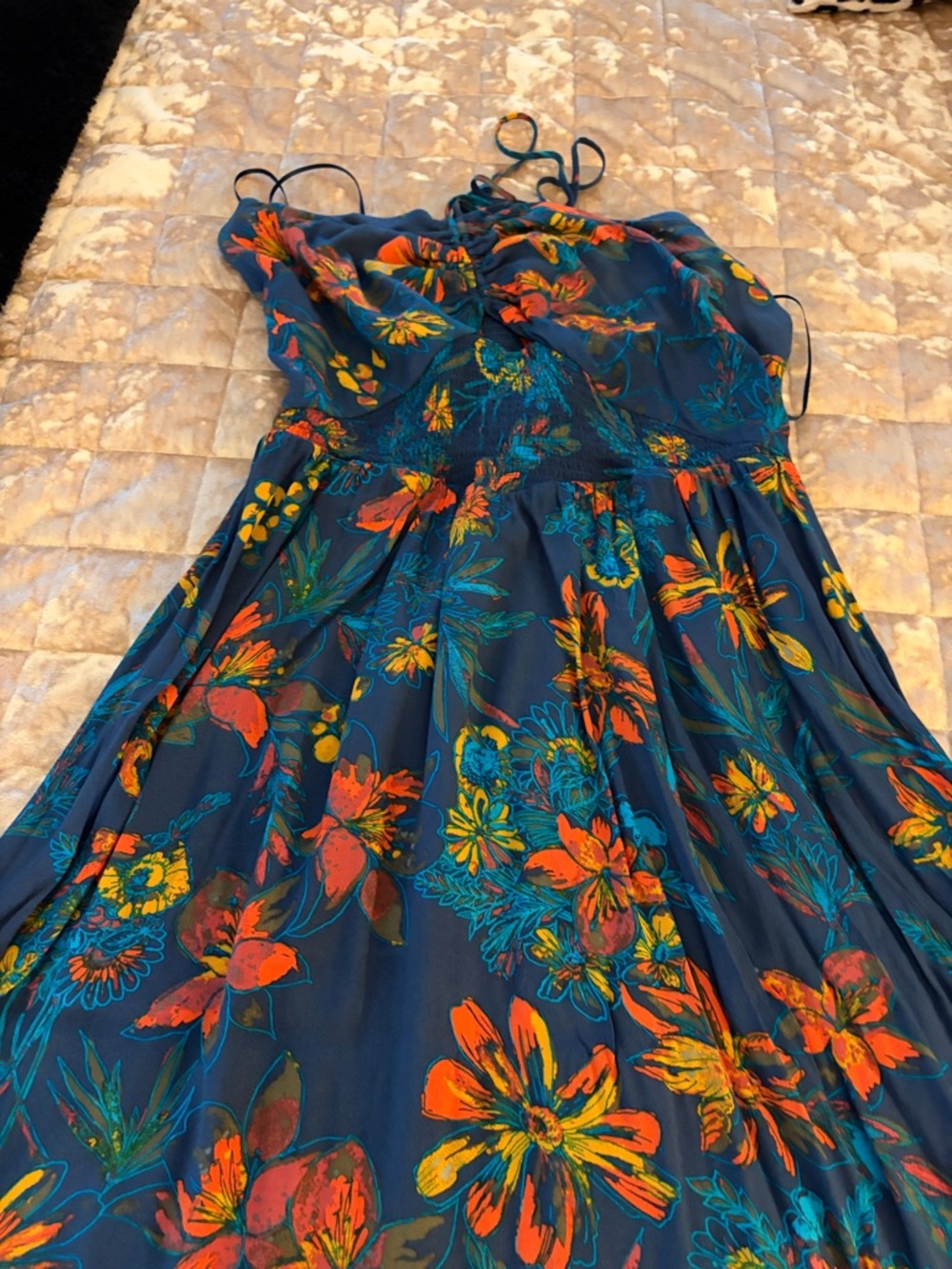 Navy Floral Maxi Dress with Orange & Teal Blooms